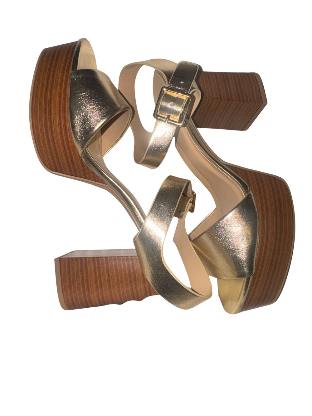 SODA Metallic Gold Platform Sandals with Wood-Effect Block Heel NWT